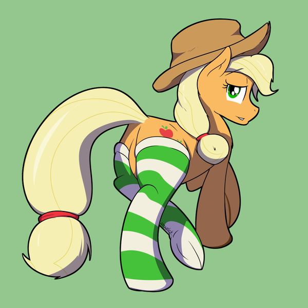 Size: 1000x1000 | Tagged: suggestive, artist:zeplich, banned from derpibooru, deleted from derpibooru, derpibooru import, applejack, earth pony, pony, clothes, featureless crotch, image, lidded eyes, looking at you, looking back, looking back at you, plot, png, simple background, socks, solo, striped socks