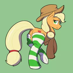 Size: 1000x1000 | Tagged: suggestive, artist:zeplich, derpibooru import, applejack, earth pony, pony, clothes, featureless crotch, lidded eyes, looking at you, looking back, looking back at you, plot, simple background, socks, solo, striped socks