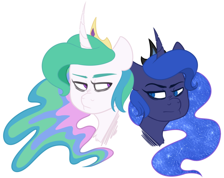 Size: 2995x2380 | Tagged: safe, artist:illustrativeauthor, derpibooru import, princess celestia, princess luna, alicorn, pony, bust, female, grumpy, looking at each other, mare, portrait