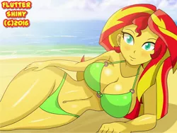 Size: 2560x1920 | Tagged: suggestive, artist:swagalicious-tony, derpibooru import, sunset shimmer, equestria girls, adorasexy, beach, beach babe, belly button, big breasts, bikini, bikini babe, blushing, breasts, busty sunset shimmer, cleavage, clothes, colored pupils, curvy, cute, female, green swimsuit, hot, hourglass figure, like what you see?, looking at you, ocean, sexy, solo, solo female, stupid sexy sunset shimmer, swimsuit, updated