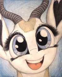 Size: 1040x1300 | Tagged: animal in mlp form, antelope, artist:thefriendlyelephant, big ears, big eyes, bust, close-up, cute, derpibooru import, happy, horns, oc, oc:mmiri, portrait, safe, smiling, solo, springbok, traditional art, unofficial characters only