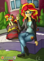 Size: 1476x2066 | Tagged: safe, artist:calena, derpibooru import, sunset shimmer, pony, unicorn, equestria girls, backpack, canterlot high, chest fluff, clothes, female, human ponidox, jacket, mare, plushie, self plushidox, self ponidox, shoes, sitting, solo