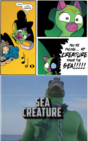 Size: 712x1140 | Tagged: cheerilee, cloverleaf, derpibooru import, safe, sea creature, southpaw regional wrestling, spoiler:comic, spoiler:comic29, surprise entrance meme, wrestling, wwe