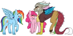 Size: 1024x518 | Tagged: safe, artist:benji-boi, derpibooru import, discord, pinkie pie, rainbow dash, pony, blushing, discopie, female, male, shipping, simple background, straight, transparent background