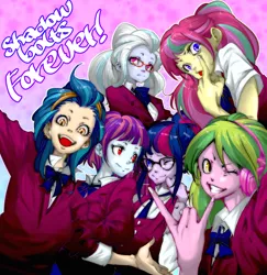 Size: 997x1027 | Tagged: safe, artist:ddd1983, derpibooru import, indigo zap, lemon zest, sci-twi, sour sweet, sugarcoat, sunny flare, twilight sparkle, equestria girls, friendship games, clothes, crystal prep academy uniform, crystal prep shadowbolts, devil horn (gesture), glasses, grin, group, looking at you, one eye closed, school uniform, shadow five, shadow six, smiling, wink