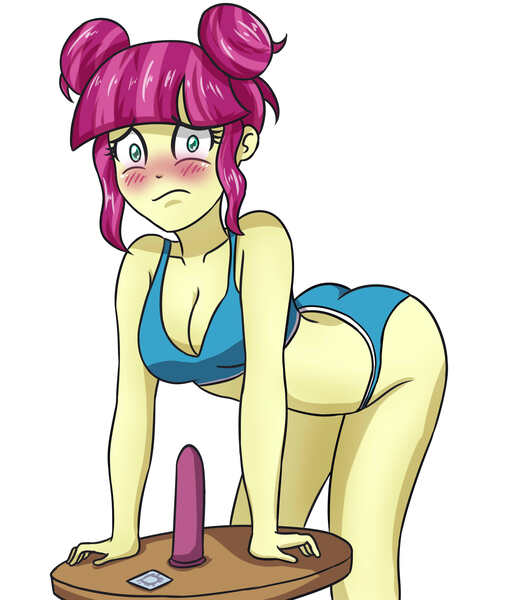 Size: 2952x3472 | Tagged: questionable, artist:sumin6301, derpibooru import, majorette, sweeten sour, equestria girls, ass, ass up, awkward, blushing, bra, breasts, busty sweeten sour, caught, cleavage, clothes, condom, dildo, female, looking at you, panties, sex toy, simple background, solo, solo female, suika sour, underwear, white background