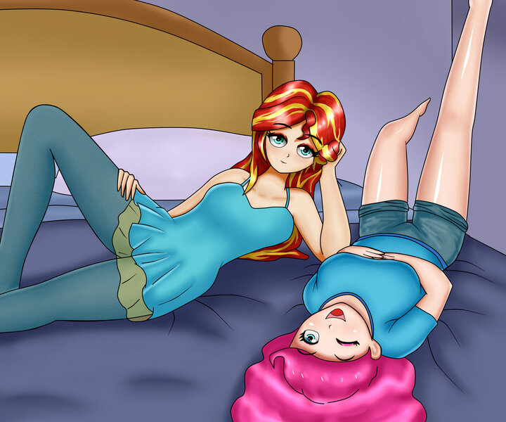 Size: 1024x853 | Tagged: safe, artist:focusb, derpibooru import, pinkie pie, sunset shimmer, equestria girls, bed, bedroom, breasts, clothes, duo, female, human coloration, looking at you, one eye closed, open mouth, pants, shorts, smiling, wink