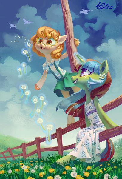 Size: 2125x3121 | Tagged: safe, artist:holivi, derpibooru import, oc, unofficial characters only, bird, earth pony, pony, semi-anthro, unicorn, bipedal, blowing, clothes, cloud, commission, cute, dandelion, dress, female, fence, freckles, glowing horn, grass, grin, hoof hold, levitation, looking up, magic, mare, open mouth, puffy cheeks, scenery, sitting, skirt, skirt lift, sky, smiling, suspenders, telekinesis, underhoof, unshorn fetlocks