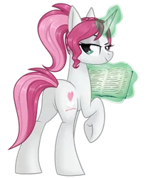 Size: 1024x1231 | Tagged: safe, artist:kellythedrawinguni, derpibooru import, oc, oc:novella, unofficial characters only, pony, unicorn, book, female, looking back, magic, mare, plot, simple background, solo, transparent background
