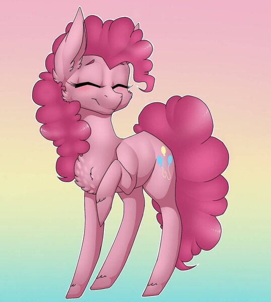 Size: 1024x1143 | Tagged: safe, artist:dollpone, derpibooru import, pinkie pie, earth pony, pony, chest fluff, ear fluff, eyes closed, female, fluffy, gradient background, mare, raised hoof, smiling, solo, unshorn fetlocks