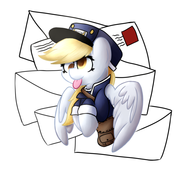 Size: 2000x2000 | Tagged: safe, artist:lyres-art, artist:vulsegardt, derpibooru import, derpy hooves, pegasus, pony, clothes, collaboration, colored pupils, hat, letter, mail, mailbag, mailmare, mailmare hat, smiling, solo, tongue out, uniform