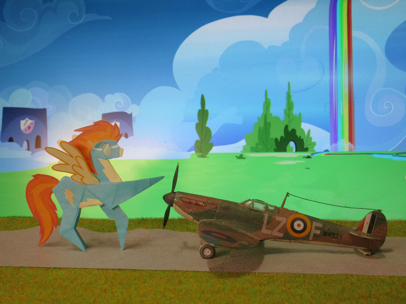 Size: 3480x2610 | Tagged: safe, artist:malte279, derpibooru import, spitfire, pegasus, pony, clothes, model plane, namesake, origami, solo, supermarine spitfire, uniform, wonderbolts, wonderbolts uniform