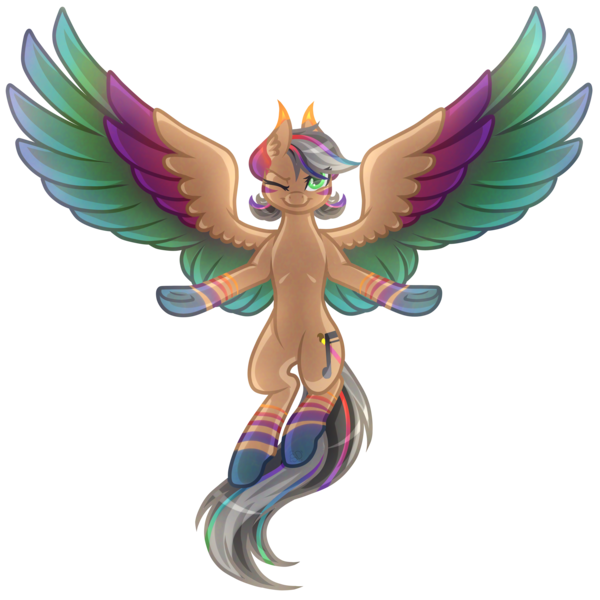 Size: 5000x5000 | Tagged: safe, artist:amazing-artsong, derpibooru import, oc, oc:artsong, unofficial characters only, pegasus, pony, absurd resolution, female, large wings, mare, one eye closed, rainbow power, simple background, solo, spread wings, transparent background, wings, wink