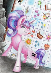 Size: 2406x3408 | Tagged: safe, artist:lunar-white-wolf, derpibooru import, starlight glimmer, pony, unicorn, the cutie map, cavern, cutie mark, cutie mark vault, equal cutie mark, evil, female, glowing horn, looking at you, magic, mare, solo, traditional art