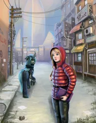 Size: 2000x2560 | Tagged: abandoned, artist:nemo2d, book, braid, building, changeling, clothes, coat, commission, derpibooru import, duo, fanfic:the girl and the queen, female, floppy ears, hoodie, human, jacket, looking back, queen chrysalis, ruins, safe, street