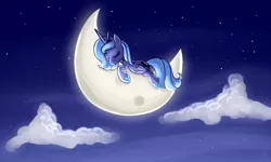 Size: 1000x600 | Tagged: artist:xwreathofroses, cloud, derpibooru import, eyes closed, moon, princess luna, prone, s1 luna, safe, sleeping, solo, stars, tangible heavenly object