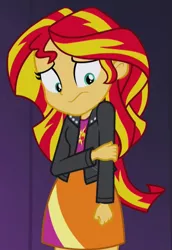 Size: 427x622 | Tagged: safe, derpibooru import, screencap, sunset shimmer, equestria girls, rainbow rocks, clothes, cropped, hand on arm, jacket, leather jacket, skirt, solo