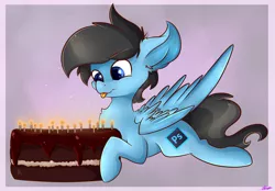 Size: 3829x2672 | Tagged: safe, artist:ashee, derpibooru import, oc, oc:fordsie blue thunder, unofficial characters only, birthday cake, cake, candle, food, solo, tongue out