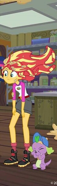 Size: 205x661 | Tagged: safe, derpibooru import, screencap, sci-twi, spike, spike the regular dog, sunset shimmer, twilight sparkle, dog, equestria girls, legend of everfree, boots, camp everfree outfits, cap, clothes, cookie dough, eyes closed, hat, shorts, socks