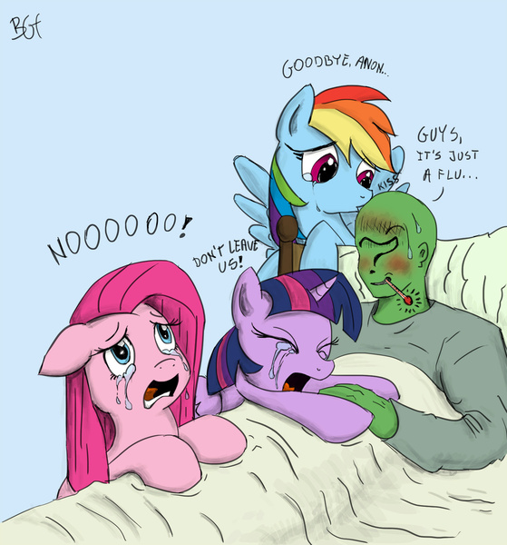 Size: 1500x1611 | Tagged: safe, artist:bgf, color edit, derpibooru import, edit, pinkie pie, rainbow dash, twilight sparkle, twilight sparkle (alicorn), oc, oc:anon, alicorn, human, pony, anon in equestria, anonymous, backwards thermometer, bed, big no, colored, crying, dialogue, eyes closed, floppy ears, kissing, open mouth, overreaction, pinkamena diane pie, sad, screaming, sick, sweat, thermometer