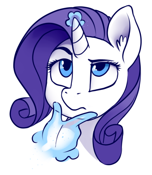 Size: 1280x1474 | Tagged: safe, artist:dimfann, derpibooru import, rarity, pony, unicorn, bust, contemplating, ear fluff, emoji, female, frown, glowing horn, hand, head, looking up, magic, magic hands, mare, portrait, raised eyebrow, simple background, solo, thinking, thinking emoji, transparent background