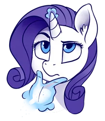 Size: 1280x1474 | Tagged: safe, artist:dimfann, derpibooru import, rarity, pony, unicorn, bust, contemplating, ear fluff, emoji, female, frown, glowing horn, hand, head, looking up, magic, magic hands, mare, portrait, raised eyebrow, simple background, solo, thinking, thinking emoji, transparent background