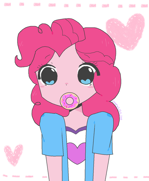 Size: 1060x1288 | Tagged: safe, artist:chametzkiwi, derpibooru import, pinkie pie, equestria girls, blushing, chibi, clothes, cute, diapinkes, donut, female, food, heart, looking at you, mouth hold, simple background, solo, white background, wingding eyes