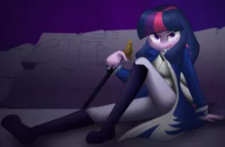 Size: 3500x2300 | Tagged: safe, artist:geraritydevillefort, derpibooru import, twilight sparkle, the count of monte rainbow, equestria girls, clothes, female, mondego, monsparkle, pants, sitting, solo, sword, the count of monte cristo