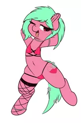 Size: 3019x4605 | Tagged: suggestive, artist:wickedsilly, derpibooru import, oc, oc:minty spots, unofficial characters only, earth pony, pony, absurd resolution, belly button, bikini, bipedal, braces, choker, clothes, ear piercing, female, fishnets, flirty, freckles, lidded eyes, lip piercing, looking at you, mare, one eye closed, open mouth, piercing, simple background, solo, solo female, swimsuit, tongue out, white background, wink