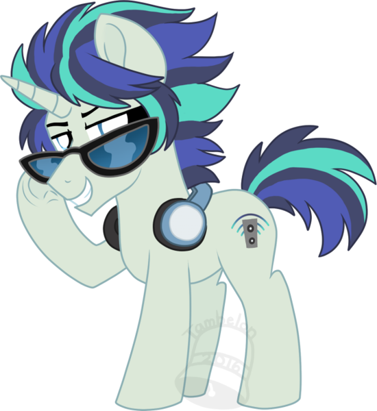 Size: 642x700 | Tagged: safe, artist:tambelon, derpibooru import, oc, oc:dubstep, unofficial characters only, pony, unicorn, glasses, headphones, male, offspring, parent:neon lights, parent:vinyl scratch, parents:vinylights, simple background, solo, stallion, transparent background, watermark