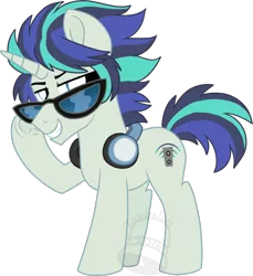 Size: 642x700 | Tagged: safe, artist:tambelon, derpibooru import, oc, oc:dubstep, unofficial characters only, pony, unicorn, glasses, headphones, male, offspring, parent:neon lights, parent:vinyl scratch, parents:vinylights, simple background, solo, stallion, transparent background, watermark