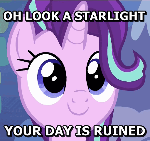 Size: 511x480 | Tagged: safe, derpibooru import, edit, edited screencap, screencap, starlight glimmer, pony, unicorn, blue eyes, c:, cute, drama, female, glimmerbetes, hair flip, hair over one eye, horn, mare, metadrama, op started shit, smiling, solo, starlight drama, starlight drama drama, text, your day is ruined