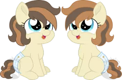 Size: 900x586 | Tagged: safe, artist:tambelon, derpibooru import, oc, oc:chiptune, oc:joystick, unofficial characters only, earth pony, pony, baby, baby pony, diaper, foal, offspring, parent:button mash, parent:sweetie belle, parents:sweetiemash, simple background, transparent background, twins, watermark