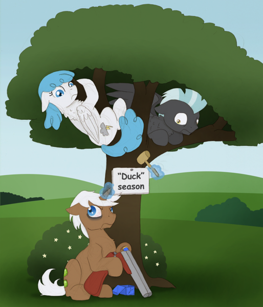 Size: 882x1029 | Tagged: safe, artist:ravenpuff, deleted from derpibooru, derpibooru import, lightning bolt, mochaccino, rare find, thunderlane, white lightning, pegasus, pony, angry, chest fluff, duck season rabbit season, floppy ears, frown, glare, gun, hiding, hoof hold, levitation, loading gun, magic, prone, scared, shotgun, shoulder fluff, sitting, telekinesis, this will end in tears, tree, underhoof, weapon, wide eyes