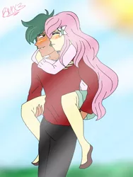 Size: 768x1024 | Tagged: safe, artist:brickercupmasterx3, derpibooru import, fluttershy, timber spruce, equestria girls, legend of everfree, blushing, clothes, embrace, female, flower, flower in hair, hug, male, piggyback ride, shipping, straight, sweater, sweatershy, timbershy