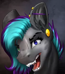 Size: 3640x4162 | Tagged: safe, artist:fizzwings, artist:mykegreywolf, derpibooru import, oc, unofficial characters only, bat pony, pony, absurd resolution, bust, collaboration, collar, ear fluff, ear piercing, fangs, female, heterochromia, looking at you, mare, open mouth, piercing, portrait, sharp teeth, solo, teeth