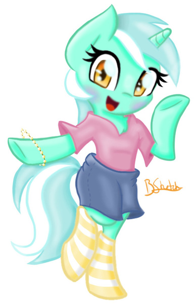 Size: 550x859 | Tagged: safe, artist:mlpbluesketch, derpibooru import, lyra heartstrings, pony, semi-anthro, unicorn, bipedal, blushing, bracelet, clothes, female, jewelry, looking at you, mare, open mouth, simple background, smiling, socks, solo, striped socks, white background