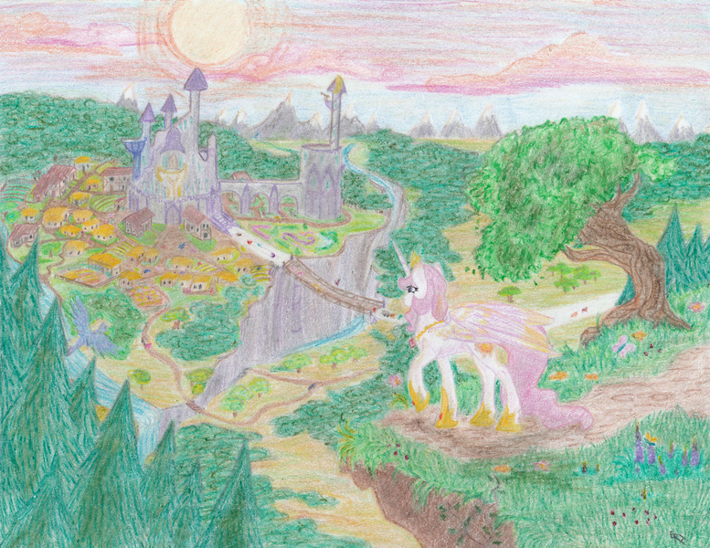 Size: 3272x2528 | Tagged: safe, artist:sonic-spatula, derpibooru import, princess celestia, alicorn, pony, castle, cloud, female, mare, pink-mane celestia, scenery, solo, sun, traditional art, tree, younger