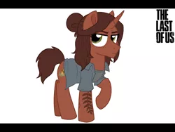 Size: 800x600 | Tagged: safe, artist:tambelon, derpibooru import, ponified, pony, unicorn, clothes, crossover, ellie, female, mare, shirt, solo, tattoo, the last of us