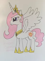 Size: 1024x1365 | Tagged: safe, artist:infernapelover, derpibooru import, princess celestia, alicorn, pony, crown, female, jewelry, mare, peytral, pink-mane celestia, regalia, simple background, solo, spread wings, traditional art, white background, wings, younger