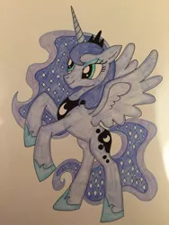 Size: 1024x1365 | Tagged: safe, artist:infernapelover, derpibooru import, princess luna, pony, bipedal, crown, jewelry, peytral, photo, rearing, regalia, simple background, solo, traditional art