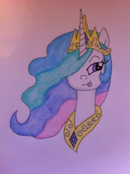 Size: 1024x1371 | Tagged: safe, artist:infernapelover, derpibooru import, princess celestia, alicorn, pony, bust, crown, cute, female, jewelry, mare, peytral, portrait, regalia, sillestia, silly, simple background, solo, tongue out, traditional art, white background