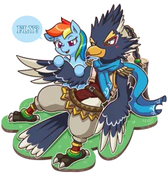 Size: 699x721 | Tagged: artist:vavacung, crossover, derpibooru import, rainbow dash, revali, rito, safe, the legend of zelda, the legend of zelda: breath of the wild