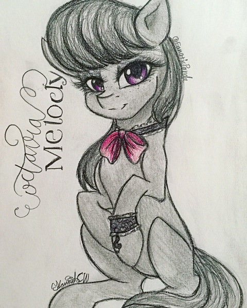 Size: 2104x2629 | Tagged: safe, artist:fanaticpanda, derpibooru import, octavia melody, earth pony, pony, bowtie, choker, female, looking at you, mare, signature, simple background, sitting, smiling, solo, traditional art, white background, wristband