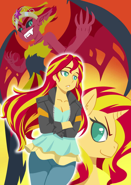 Size: 919x1300 | Tagged: safe, artist:robbiecave, derpibooru import, sunset shimmer, pony, unicorn, equestria girls, friendship games, my past is not today, comparison, element of magic, sunset satan