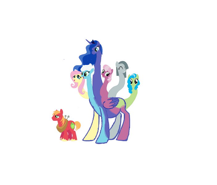 Size: 2763x2359 | Tagged: safe, artist:theunknowenone1, derpibooru import, big macintosh, cheerilee, fleetfoot, fluttershy, marble pie, princess luna, tealove, earth pony, pony, big macintosh gets all the mares, cheerimac, conjoined, fleetmac, fluttermac, fusion, lunamac, male, marblemac, pregnant, shipping, six heads, stallion, straight, teamac, we have become one, you need me