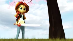 Size: 1920x1080 | Tagged: safe, artist:razethebeast, derpibooru import, sunset shimmer, equestria girls, 3d, grass field, looking at you, solo, source filmmaker, standing, sword, tree, weapon