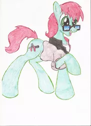 Size: 1700x2338 | Tagged: artist:wyren367, colored pencil drawing, derpibooru import, glasses, oc, oc:scratch build, raised hoof, safe, simple background, solo, traditional art, unofficial characters only, white background