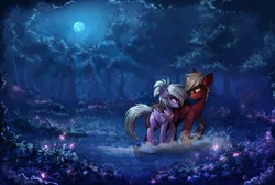 Size: 3259x2188 | Tagged: safe, artist:ramiras, derpibooru import, cloudchaser, oc, oc:neostrike, pegasus, pony, canon x oc, commission, female, flower, forest, full moon, looking at each other, male, mare, moon, moonlight, neochaser, night, scenery, scenery porn, shipping, smiling, stallion, straight