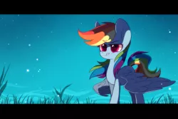 Size: 2449x1632 | Tagged: safe, artist:mirtash, derpibooru import, rainbow dash, pegasus, pony, black bars, female, grass, mare, night, rcf community, sky, solo, standing, stars